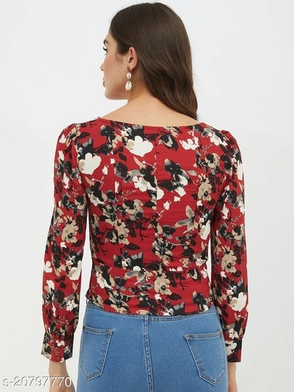 Square Neck Floral Print Front Button Top - polyester, M (Bust Size: 36 in, Length Size: 21 in) 