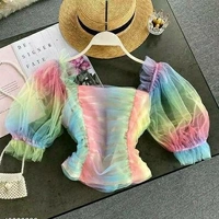 Rainbow Puff Sleeves Top - net, XS - 34 in