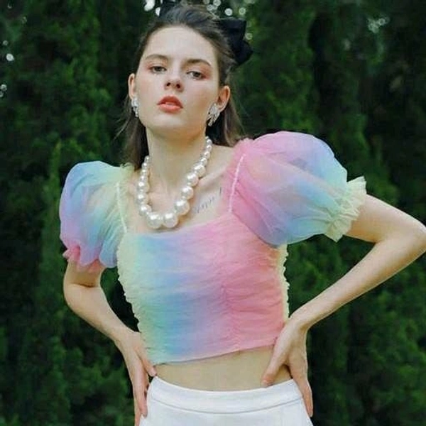 Rainbow Puff Sleeves Top - net, L - 40 in