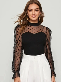 Mesh Yoke Ruffle Cuff Rib-knit Top - polyester, M (Bust Size: 36 in, Length Size: 23 in) 