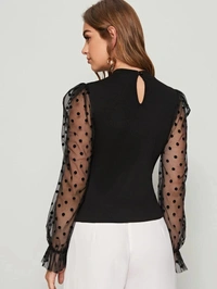 Mesh Yoke Ruffle Cuff Rib-knit Top - polyester, XL (Bust Size: 40 in, Length Size: 24 in) 