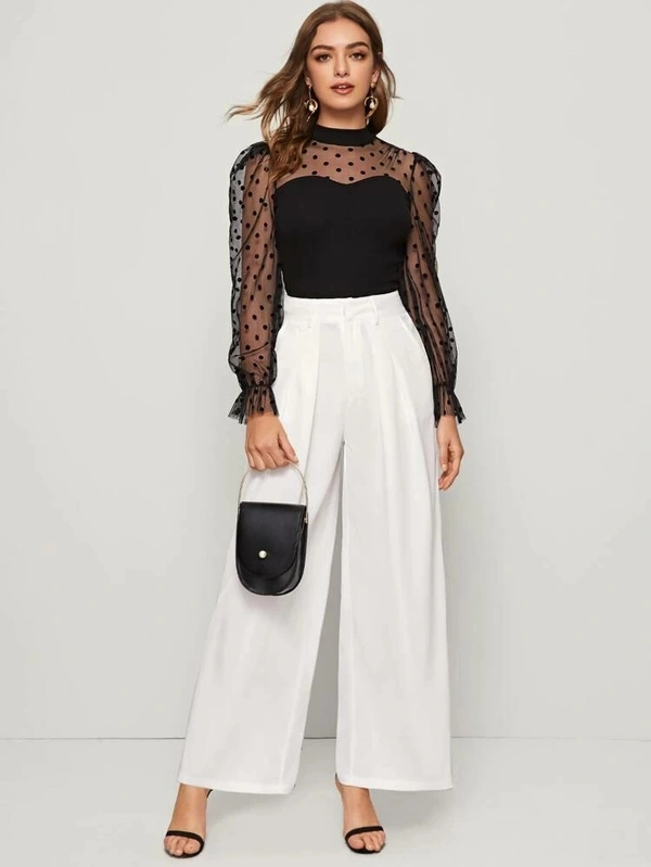 Mesh Yoke Ruffle Cuff Rib-knit Top - polyester, XL (Bust Size: 40 in, Length Size: 24 in) 
