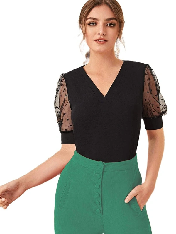 V Neck Polka Dot Top - polyester, XS (Bust Size: 32 in, Length Size: 22 in) 