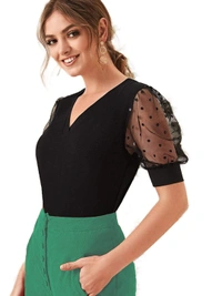 V Neck Polka Dot Top - polyester, XS (Bust Size: 32 in, Length Size: 22 in) 