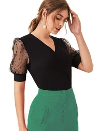 V Neck Polka Dot Top - polyester, XS (Bust Size: 32 in, Length Size: 22 in) 