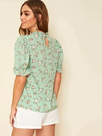 Ruffle Trim Puff Sleeve Floral Print Top - Rayon, XS (Bust Size: 34 in, Length Size: 23 in) 