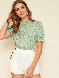 Ruffle Trim Puff Sleeve Floral Print Top - Rayon, XL (Bust Size: 42 in, Length Size: 23 in) 