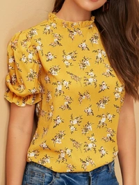 Floral Print Ruffled Puff Sleeve Top - Rayon, M (Bust Size: 38 in, Length Size: 23 in) 