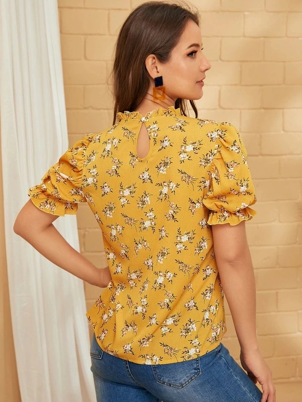 Floral Print Ruffled Puff Sleeve Top - Rayon, L (Bust Size: 40 in, Length Size: 23 in) 