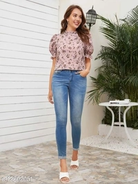 Floral Print Ruffled Puff Sleeve Top - Rayon, S (Bust Size: 36 in, Length Size: 23 in) 