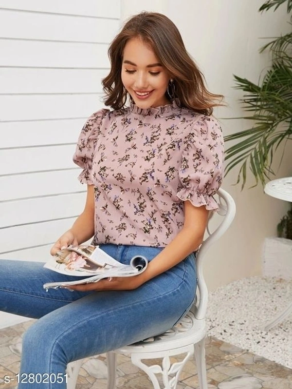 Floral Print Ruffled Puff Sleeve Top - Rayon, XL (Bust Size: 42 in, Length Size: 23 in) 