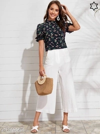 Floral Print Ruffled Puff Sleeve Top - Rayon, XS (Bust Size: 34 in, Length Size: 23 in) 