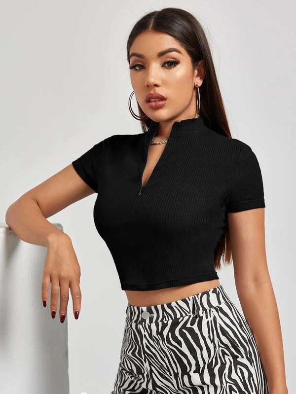 Mock-Neck Zip Half Placket Rib-Knit Top - Lycra, S (Bust Size: 30 in, Length Size: 18 in) 