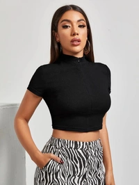 Mock-Neck Zip Half Placket Rib-Knit Top - Lycra, S (Bust Size: 30 in, Length Size: 18 in) 