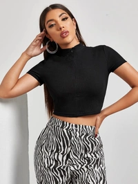 Mock-Neck Zip Half Placket Rib-Knit Top - lycra, L (Bust Size: 34 in, Length Size: 20 in) 