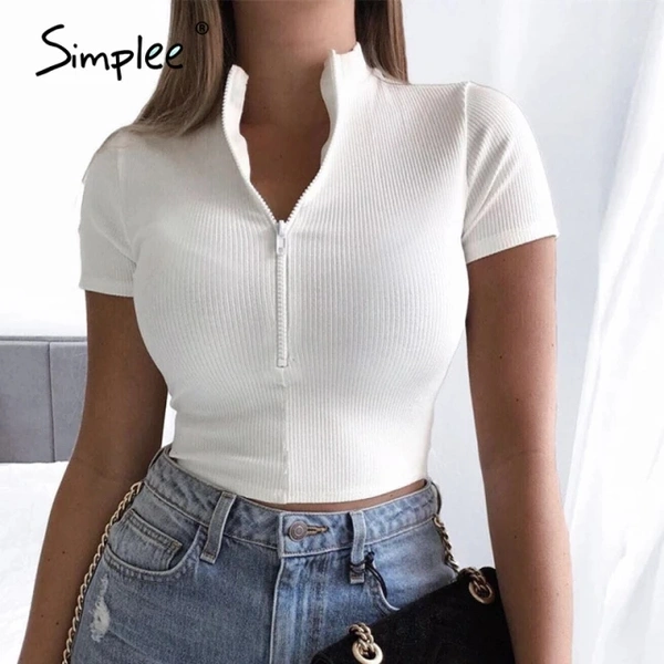 Mock-Neck Zip Half Placket Rib-Knit Top - lycra, L (Bust Size: 34 in, Length Size: 20 in) 