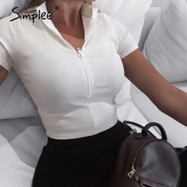 Mock-Neck Zip Half Placket Rib-Knit Top - lycra, L (Bust Size: 34 in, Length Size: 20 in) 