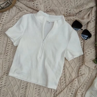 Mock-Neck Zip Half Placket Rib-Knit Top - lycra, L (Bust Size: 34 in, Length Size: 20 in) 