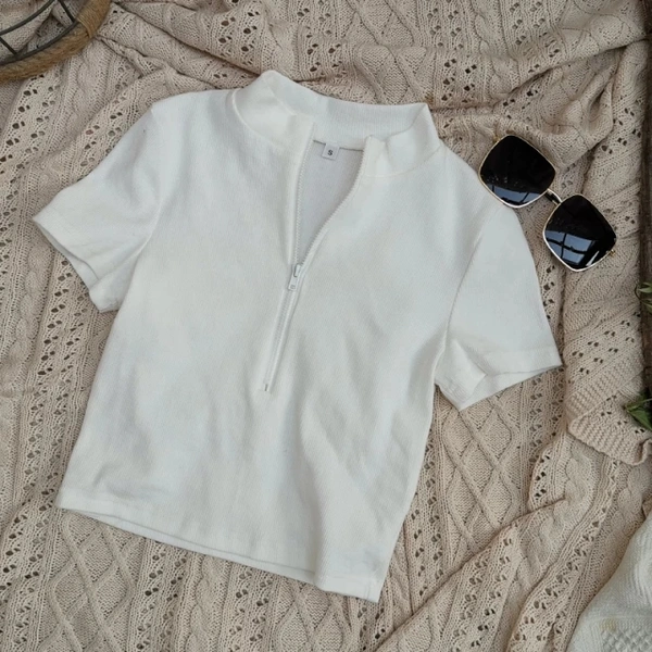 Mock-Neck Zip Half Placket Rib-Knit Top - lycra, L (Bust Size: 34 in, Length Size: 20 in) 