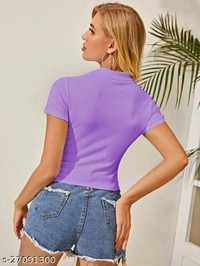 Mock-Neck Zip Half Placket Rib-Knit Top - lycra, S (Bust Size: 30 in, Length Size: 18 in) 