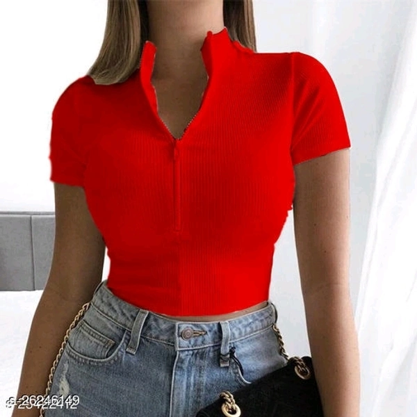 Mock-Neck Zip Half Placket Rib-Knit Top - lycra, M (Bust Size: 32 in, Length Size: 19 in) 