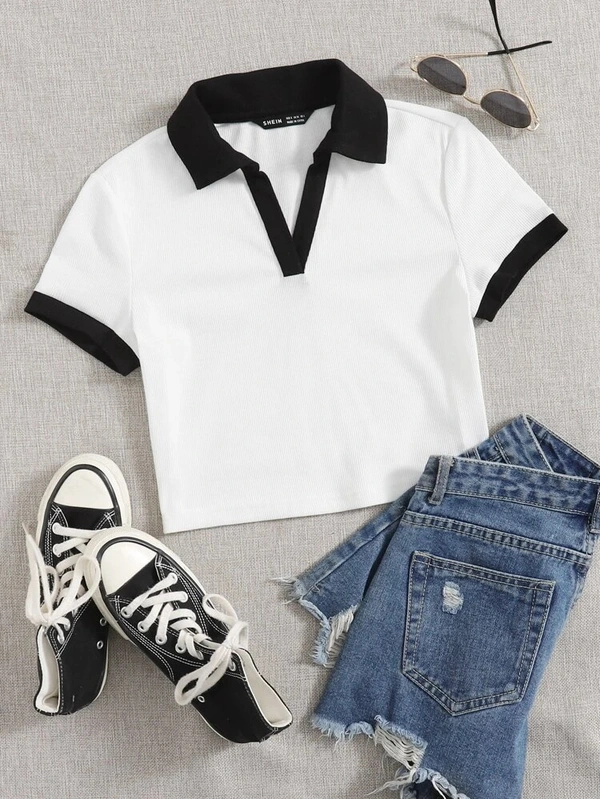 Contrast Trim Crop Polo Shirt - cotton, XS (Bust Size: 32 in, Length Size: 16 in) 