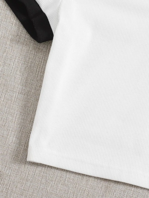 Contrast Trim Crop Polo Shirt - cotton, XXXL (Bust Size: 44 in, Length Size: 20 in) 