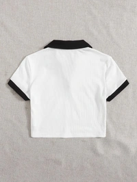 Contrast Trim Crop Polo Shirt - cotton, XXXL (Bust Size: 44 in, Length Size: 20 in) 