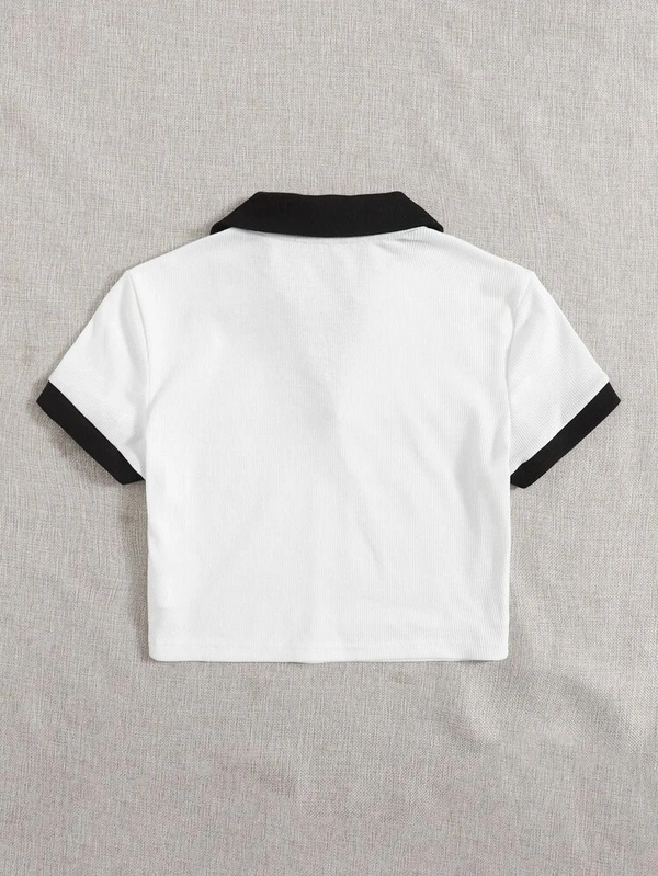 Contrast Trim Crop Polo Shirt - cotton, XXXL (Bust Size: 44 in, Length Size: 20 in) 