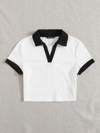 Contrast Trim Crop Polo Shirt - cotton, XXXL (Bust Size: 44 in, Length Size: 20 in) 