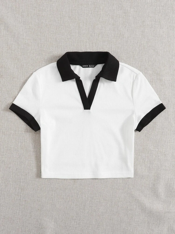 Contrast Trim Crop Polo Shirt - cotton, XXXL (Bust Size: 44 in, Length Size: 20 in) 