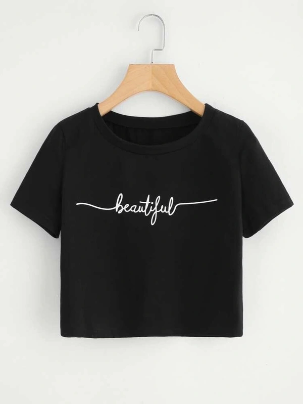 Letter Print Crop Top - cotton, XL (Bust Size: 40 in, Length Size: 17 in) 