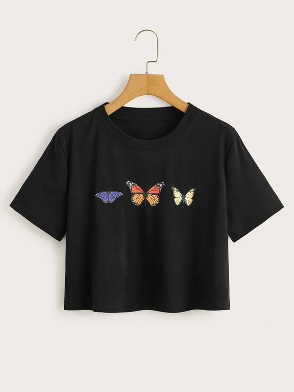 Butterfly Black Crop Tee - cotton, L (Bust Size: 38 in, Length Size: 17 in) 