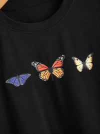 Butterfly Black Crop Tee - cotton, L (Bust Size: 38 in, Length Size: 17 in) 