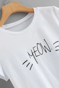 Meow Printed Cropped Tee - cotton, XL (Bust Size: 40 in, Length Size: 17 in) 