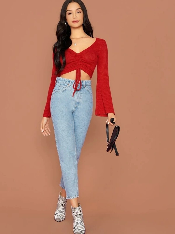 Bell Sleeve Drawstring Ruched Front Ribbed Tee - cotton blend, M (Bust Size: 36 in) 