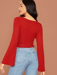 Bell Sleeve Drawstring Ruched Front Ribbed Tee - cotton blend, M (Bust Size: 36 in) 