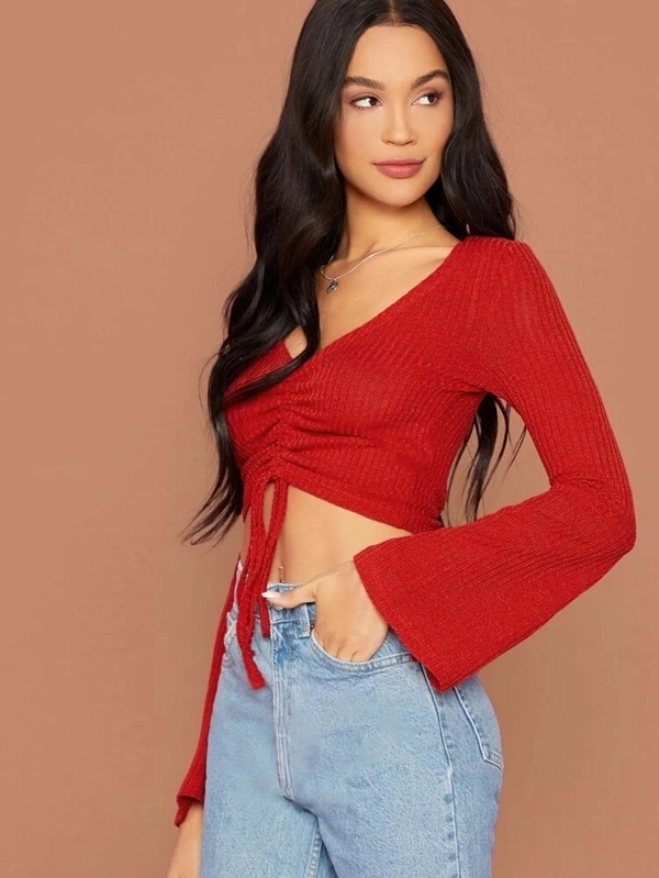 Bell Sleeve Drawstring Ruched Front Ribbed Tee - cotton blend, XL (Bust Size: 40 in) 