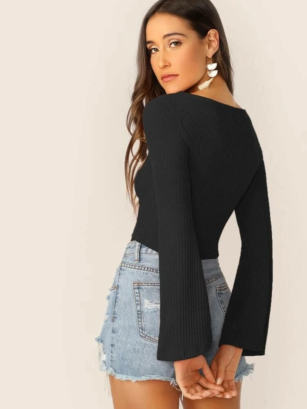 Bell Sleeve Drawstring Ruched Front Ribbed Tee - lycra, M (Bust Size: 36 in) 