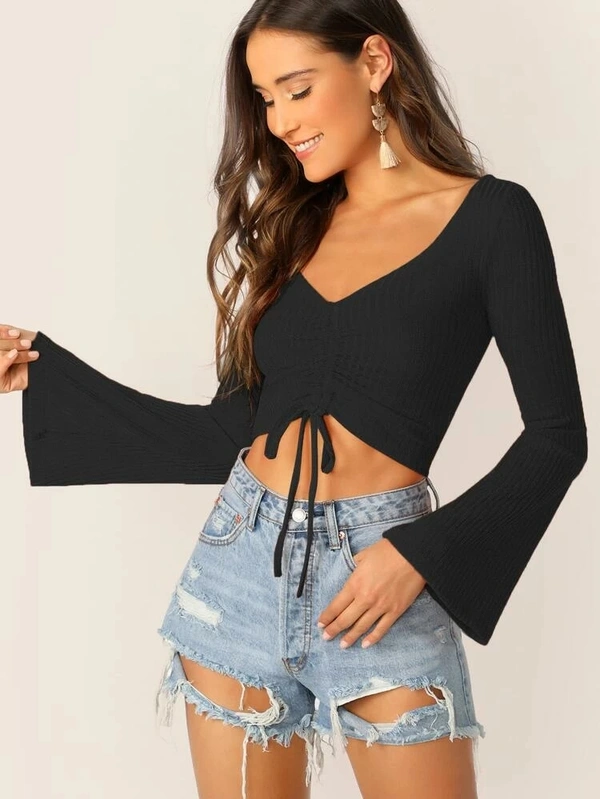 Bell Sleeve Drawstring Ruched Front Ribbed Tee - lycra, XL (Bust Size: 40 in) 