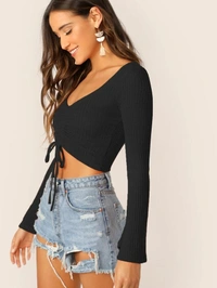 Bell Sleeve Drawstring Ruched Front Ribbed Tee - lycra, XL (Bust Size: 40 in) 