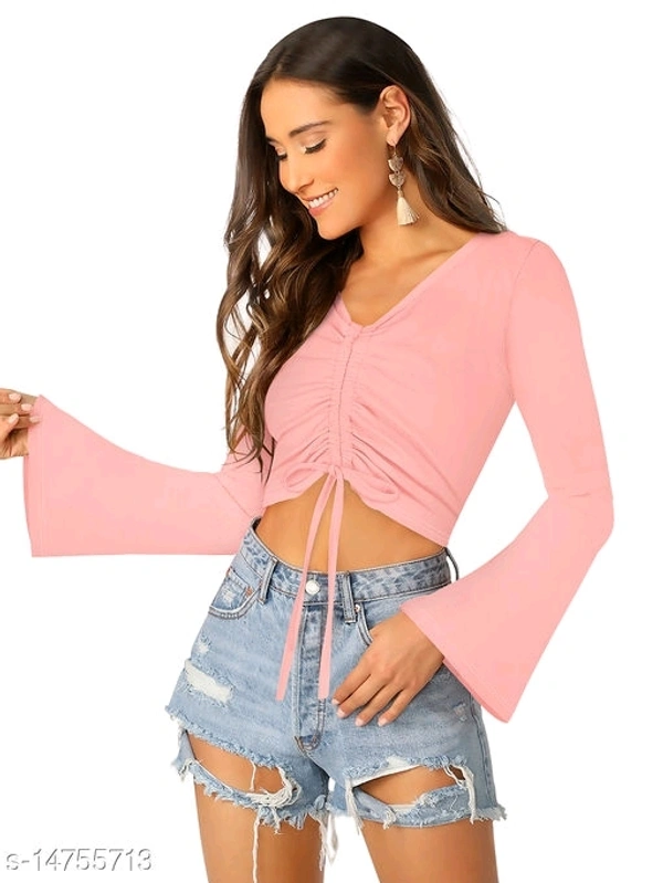 Bell Sleeve Drawstring Ruched Front Ribbed Tee - cotton blend, S (Bust Size: 34 in) 