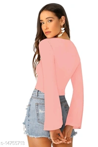 Bell Sleeve Drawstring Ruched Front Ribbed Tee - cotton blend, M (Bust Size: 36 in) 