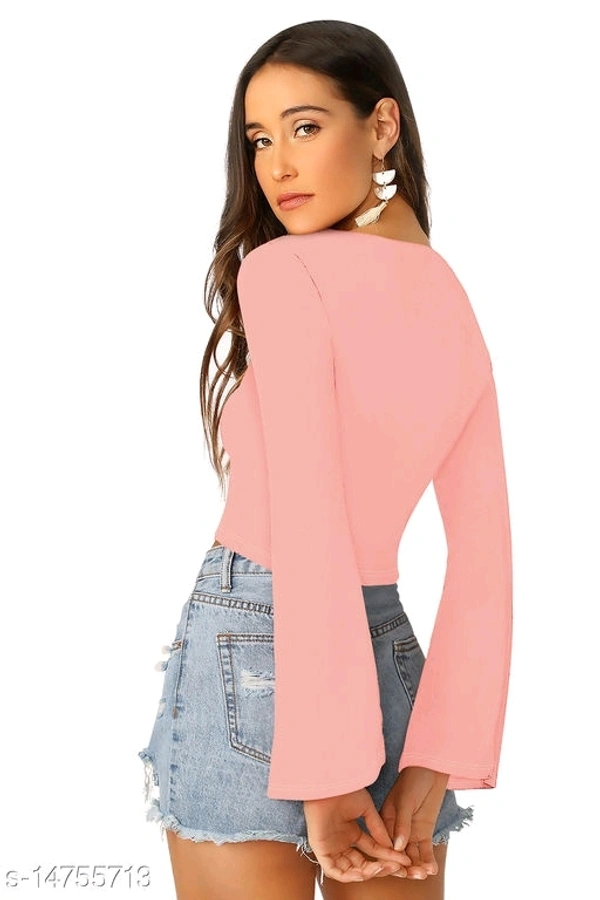 Bell Sleeve Drawstring Ruched Front Ribbed Tee - cotton blend, M (Bust Size: 36 in) 