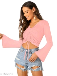 Bell Sleeve Drawstring Ruched Front Ribbed Tee - cotton blend, L (Bust Size: 38 in) 