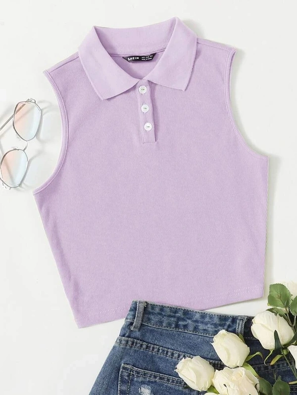 Collared Buttoned Half Placket Tank Top - lycra, S (Bust Size: 30 in, Length Size: 18 in) 