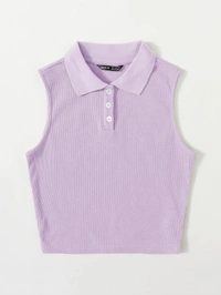 Collared Buttoned Half Placket Tank Top - lycra, S (Bust Size: 30 in, Length Size: 18 in) 