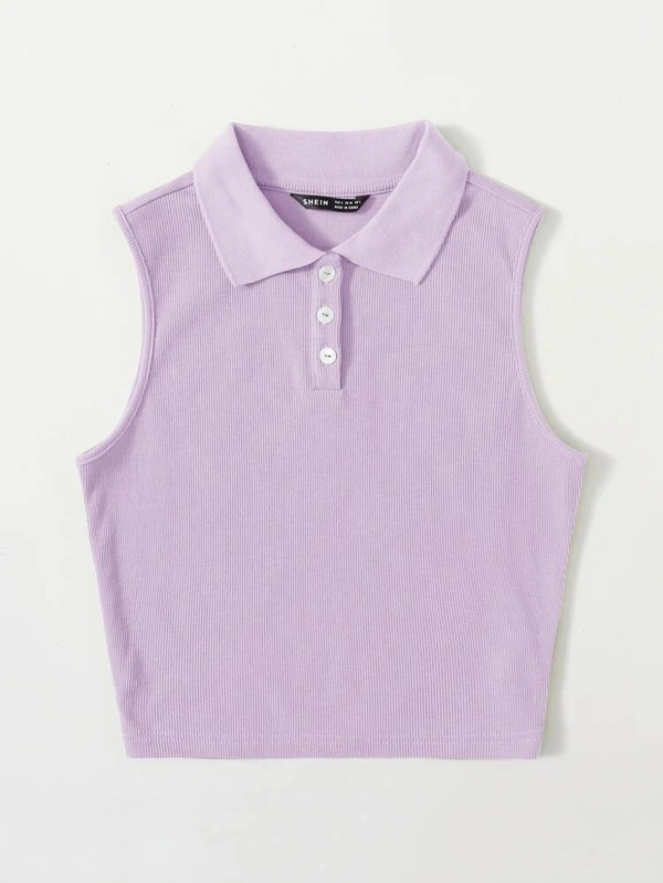 Collared Buttoned Half Placket Tank Top - lycra, S (Bust Size: 30 in, Length Size: 18 in) 