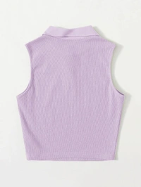 Collared Buttoned Half Placket Tank Top - lycra, M (Bust Size: 32 in, Length Size: 18 in) 
