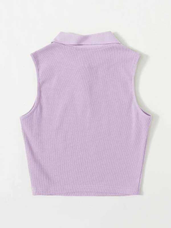Collared Buttoned Half Placket Tank Top - lycra, M (Bust Size: 32 in, Length Size: 18 in) 